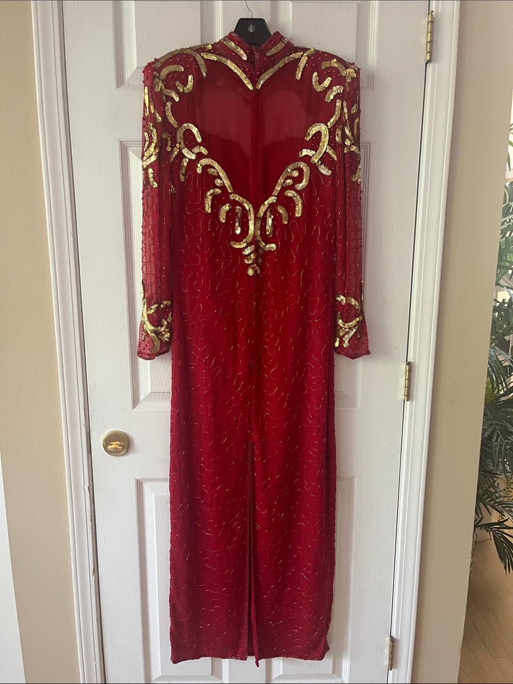 Laurence Kazar Red Long Sleeve Evening Gown with Gold Embellishment - Picture 3 of 6